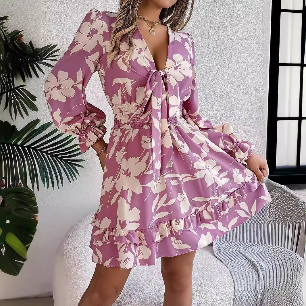 New Floral Printed V-Neck Long Sleeve Dress Fashion Ruffles Bowknot A-Line Short Dress Women's Clothing