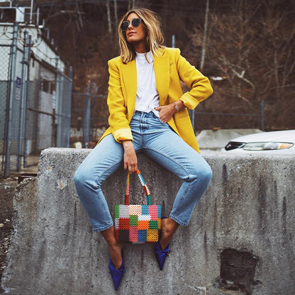 Lapel Long Sleeve Double Breasted Blazer Yellow Jacket