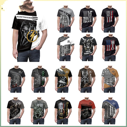 Men's Dark Short Sleeve Handle Tool Gear Digital Printed Round Neck T-shirt