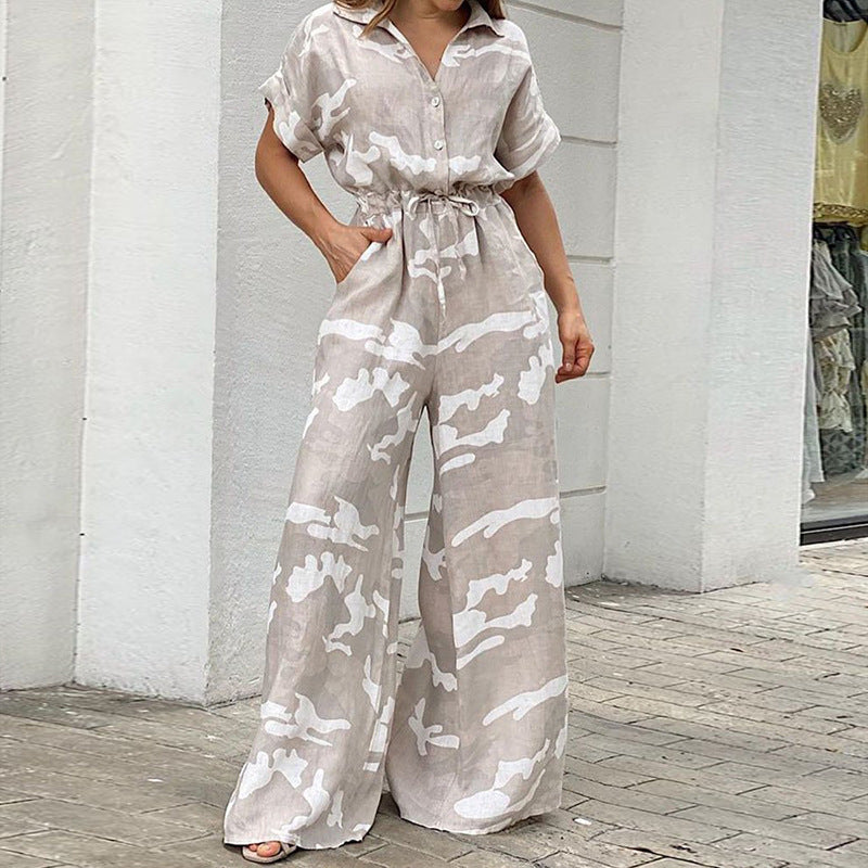 Fashion Polo Collar Printed Button Lace-up Jumpsuit