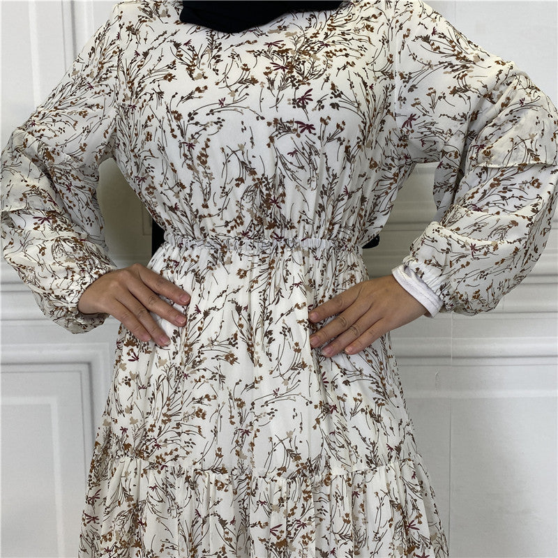 Muslim Long Sleeve Lined Chiffon Printed Lace-up Female Dress Large Swing Dress