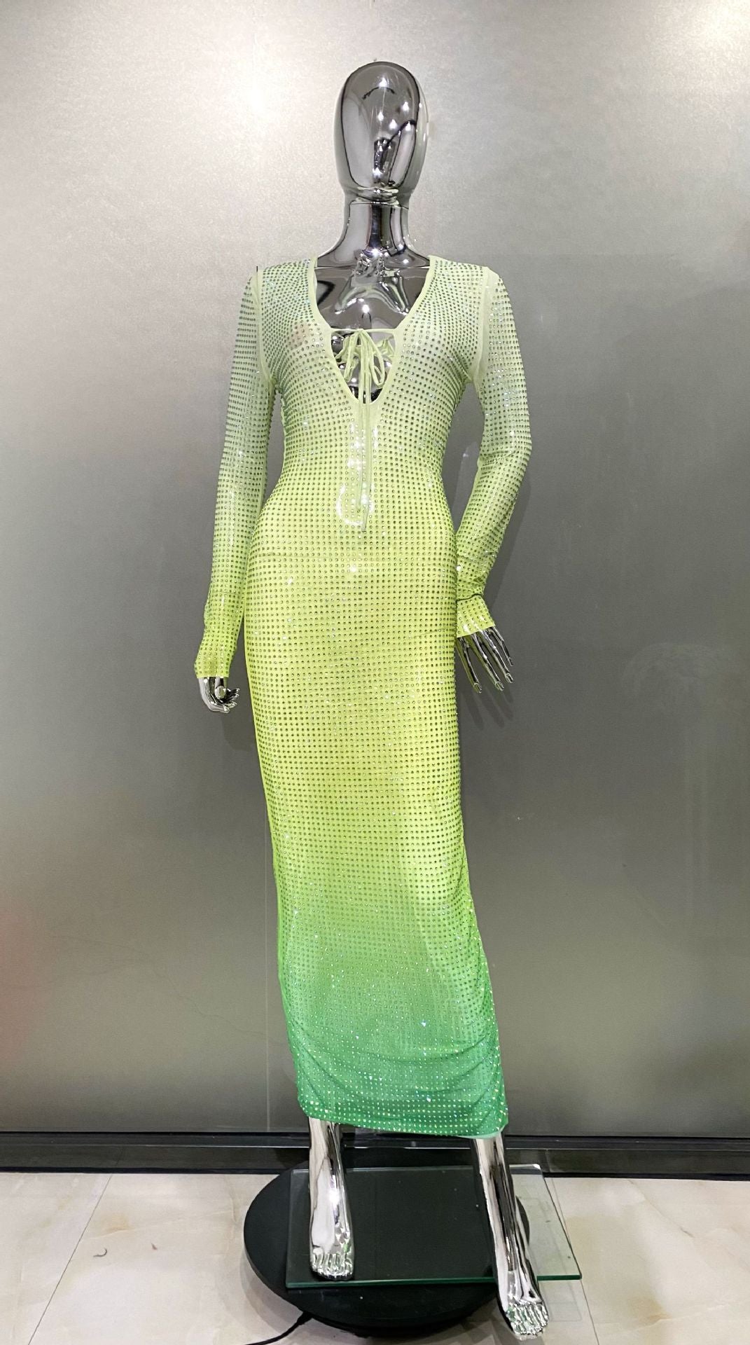 Gradient Green Shiny Rhinestone Deep V Sheath Dress