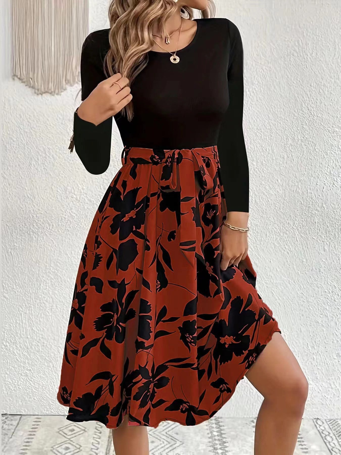 Floral Print Long Sleeve Dress Fashion Round Neck Tie Slim Dress Women's Clothing