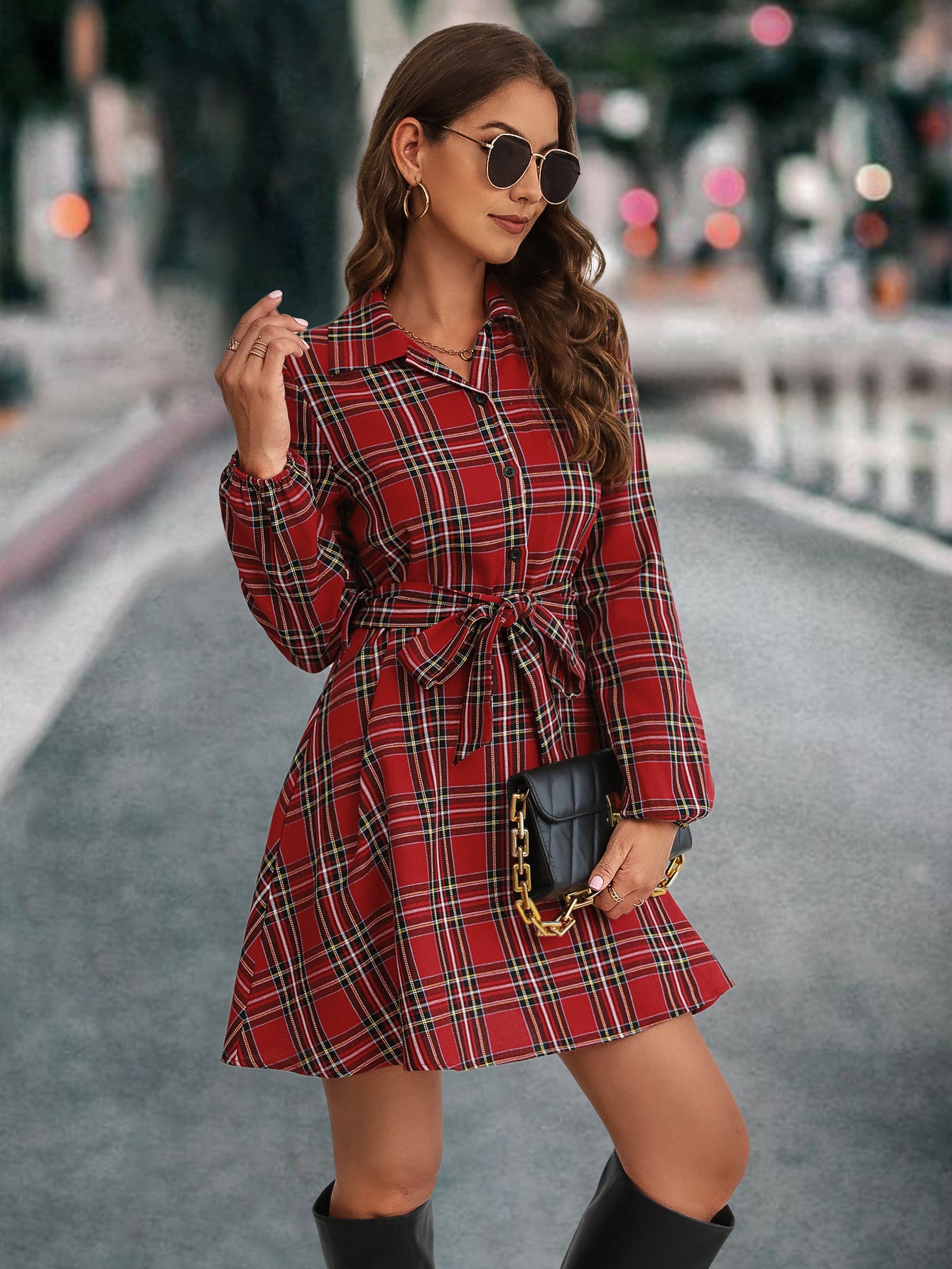 Women's Lantern Sleeve Plaid Shirt Dress