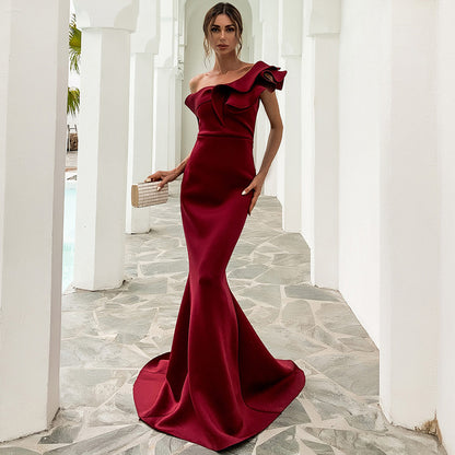 Missord Women Sexy One Shoulder Ruffles Evening Party Dress Solid Color Celebrity Maxi Dress Slash Neck Women Dress FT19938-2 - Glamour Gale