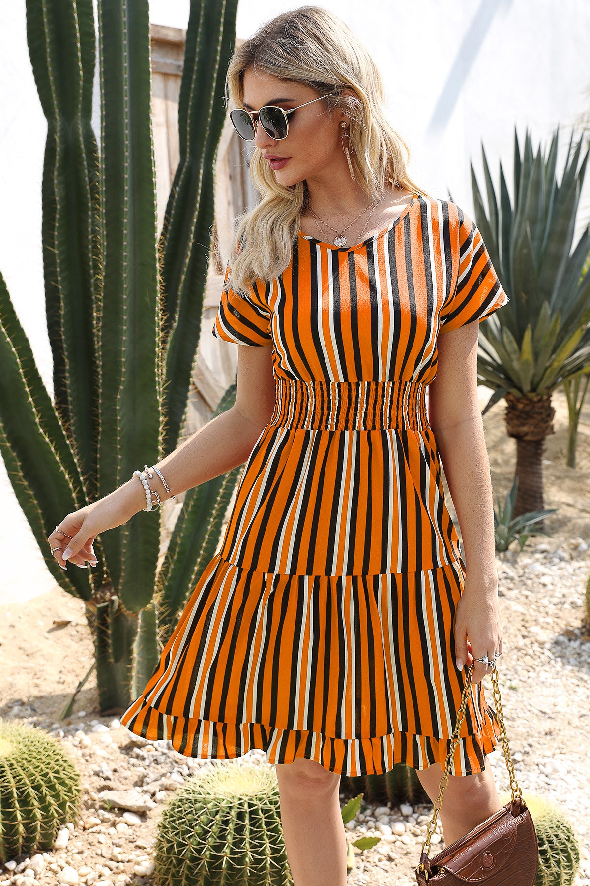 Multi-section stitching striped ruffle dress