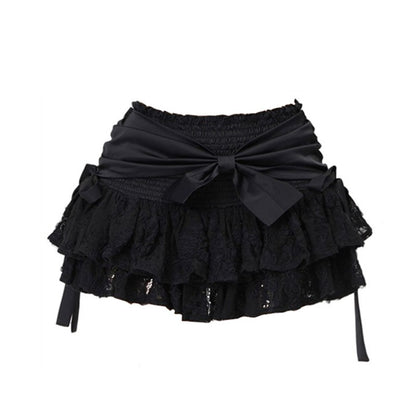 Black A-line Skirt Bow Lace Fluffy Skirt