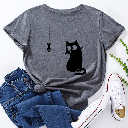 Women's Cute Cat Loose Round Neck Cotton Short Sleeve