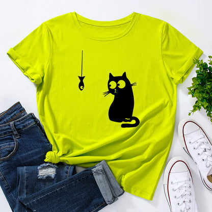 Women's Cute Cat Loose Round Neck Cotton Short Sleeve