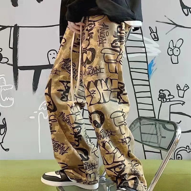 Graffiti Straight Leg Sweatpants Men's Trendy Brand High Street Loose