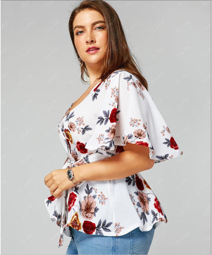 Printed Lace Up Flared Sleeve Pearl Chiffon Shirt