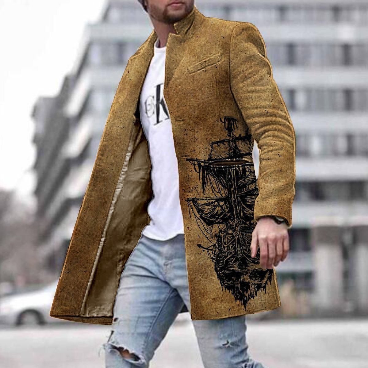 European And American New Men's Woolen Coat 3D Digital Printing Fall Lapels