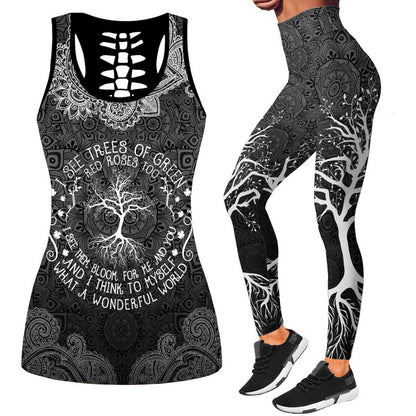 Printed Ladies Hollow Vest Leggings Casual Sports Suit