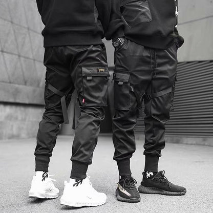 Ribbons Harem Joggers Men Cargo Pants Streetwear Hip Hop Casual Pockets Cotton Track Pants - Glamour Gale