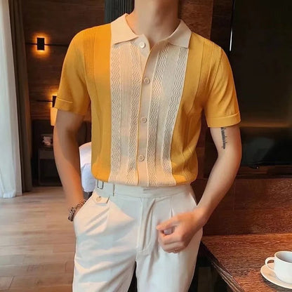 Summer Men's Knitted Lapel Short Sleeve T-shirt Blouse Fashion British Style