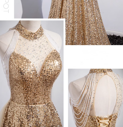 Golden Evening Dress Women Senior Sense Host High-end Atmosphere - Glamour Gale