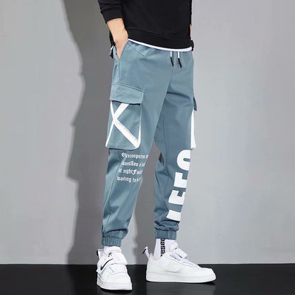 Functional Men's Summer Thin Trendy Letter Printing Multi-pocket Ankle Banded Pants