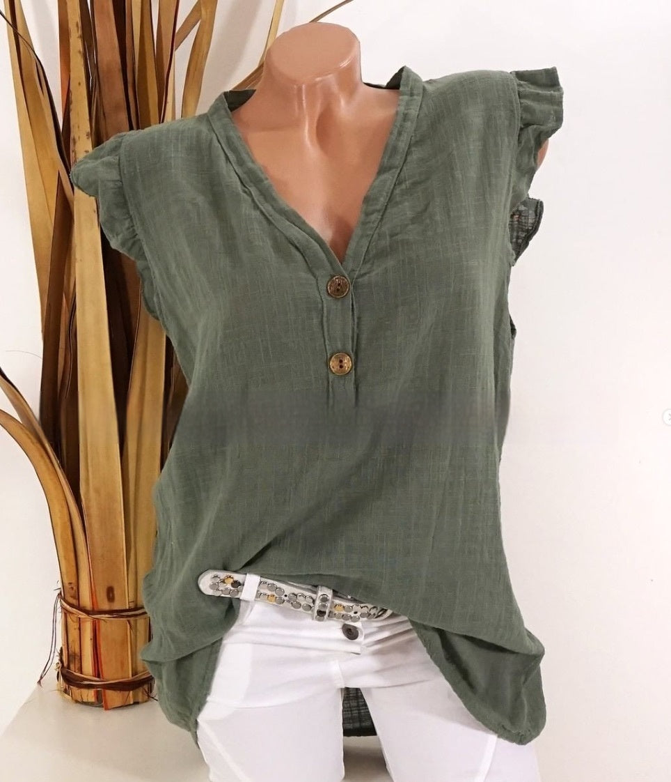 V-neck Plus Size Cotton And Linen Women's Loose T-shirt