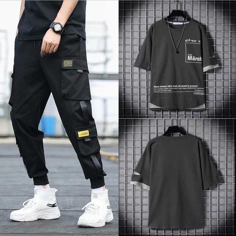 Two-piece Summer Men's Loose Hip-hop Overalls With Hood