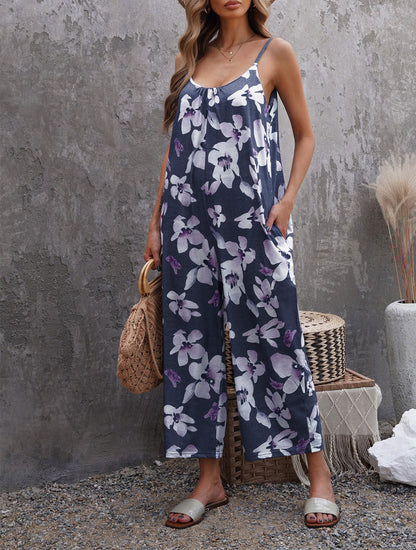 Flowers Print Suspender Jumpsuit With Pockets Spring Summer Fashion Round-neck Overalls For Womens Clothing