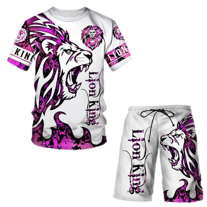 3D Printed Women's And Men's T Shirt Set Fashion Men's Lion Sportswear