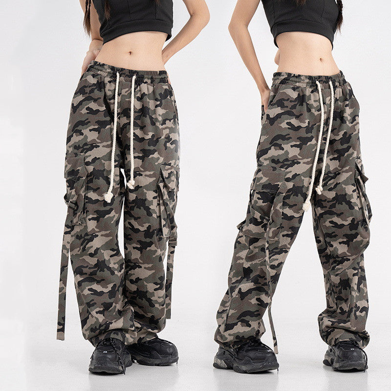 High Street Elastic Waist Camouflage Workwear Wide Leg Trousers