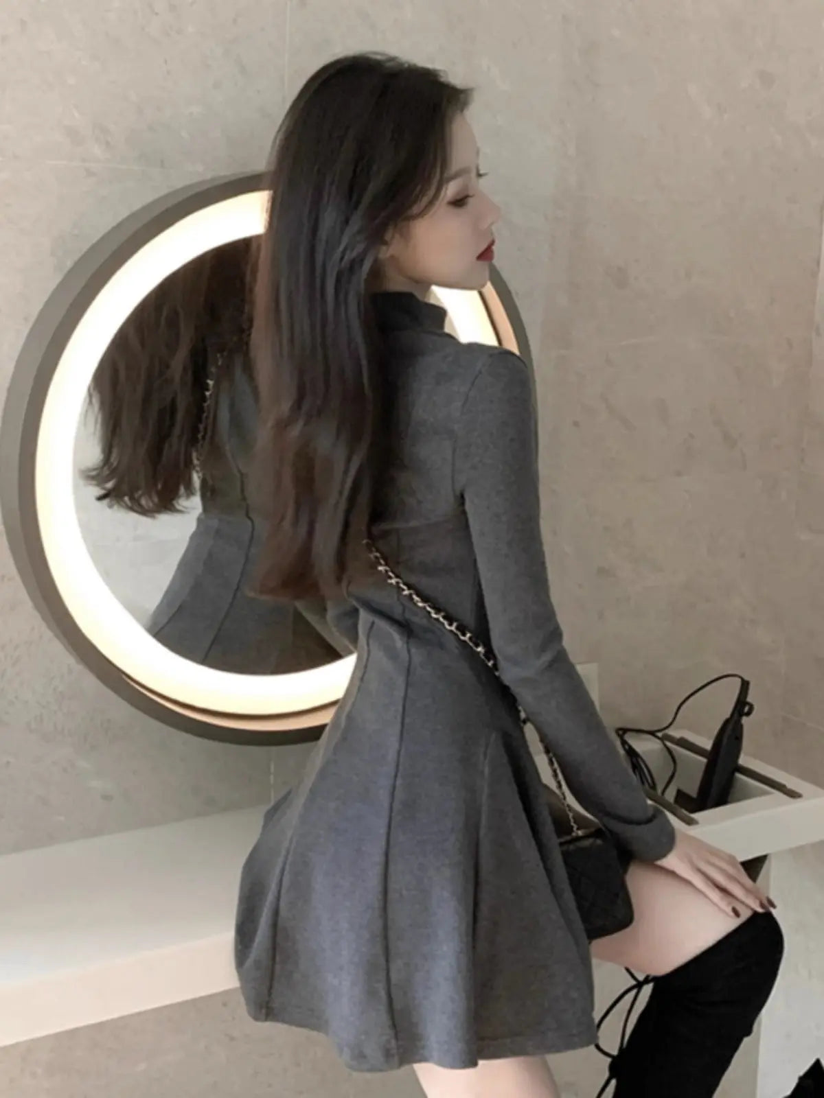 Autumn And Winter Half-high Collar Waist Trimming Short Coat Inner Wear Dress High-grade Bottoming Ladies Glamour Gale