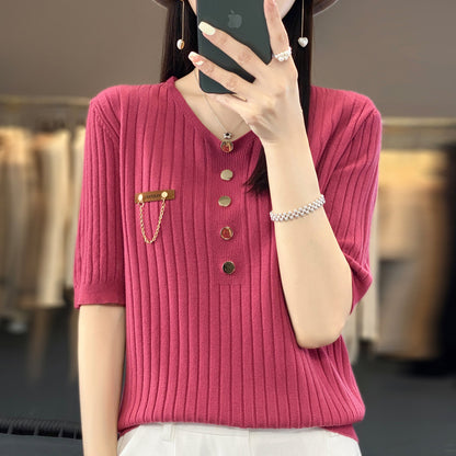 Women's Fashionable V-neck Solid Color Single-breasted Sweater Top