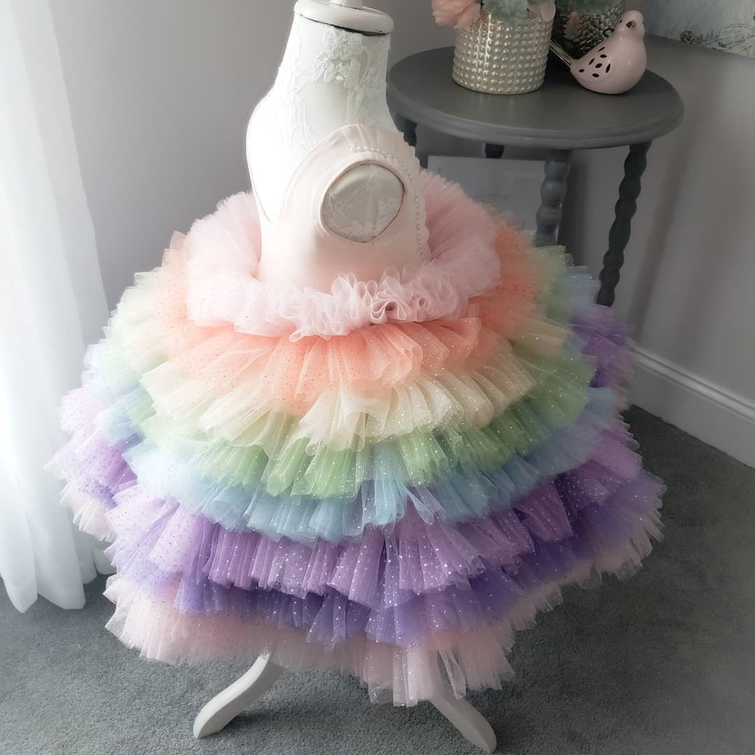 Girls Summer Rainbow Contrast Puff Dress Skirt