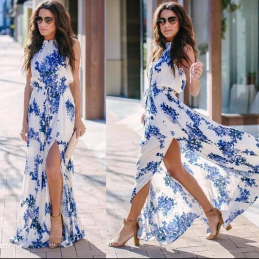 Printed Elastic Waist Split Lace-up Dress Long