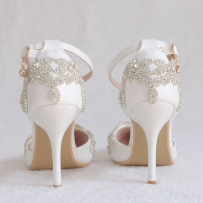 Stiletto Pointed White Tassel Rhinestone Sandals