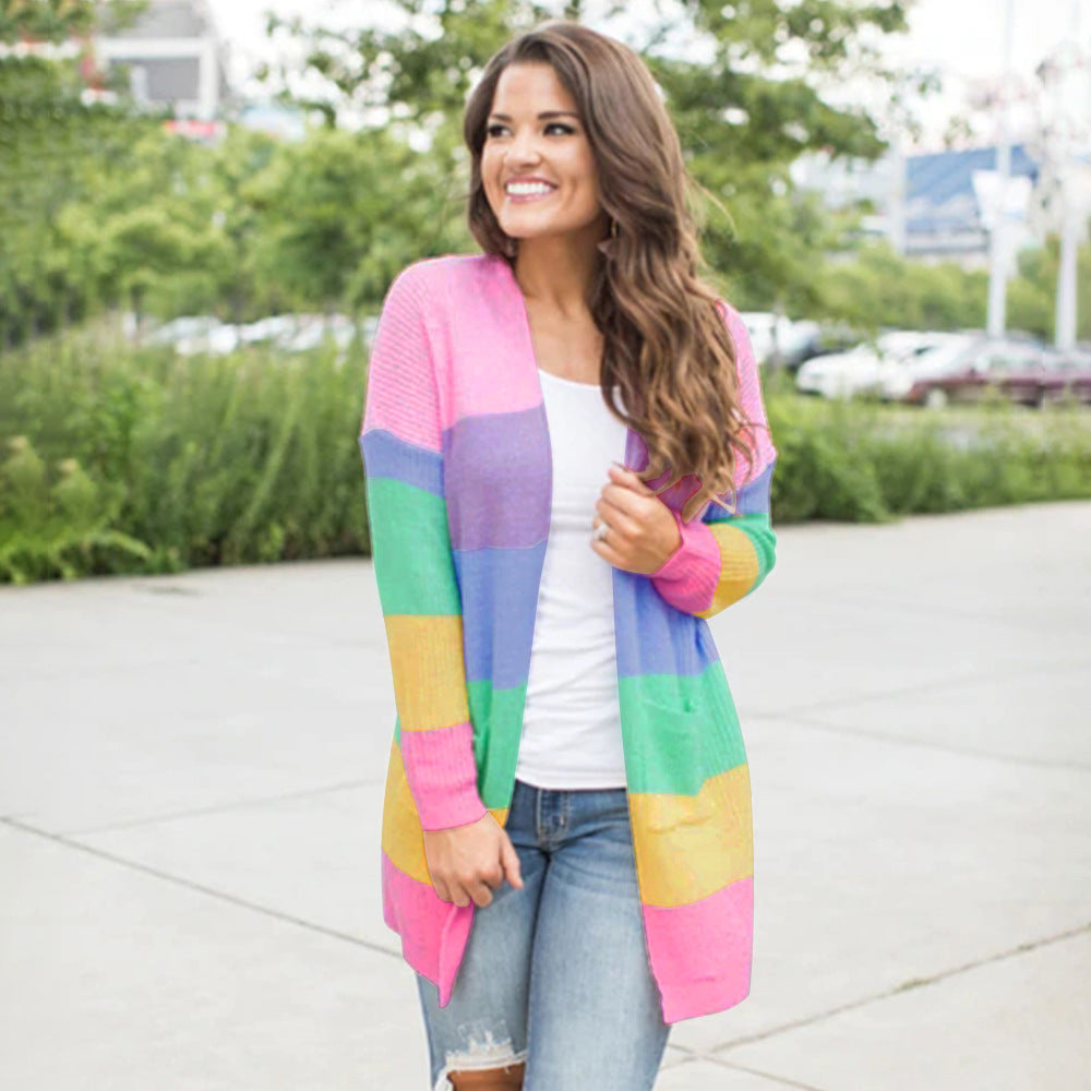 Colorful rainbow stitching cardigan