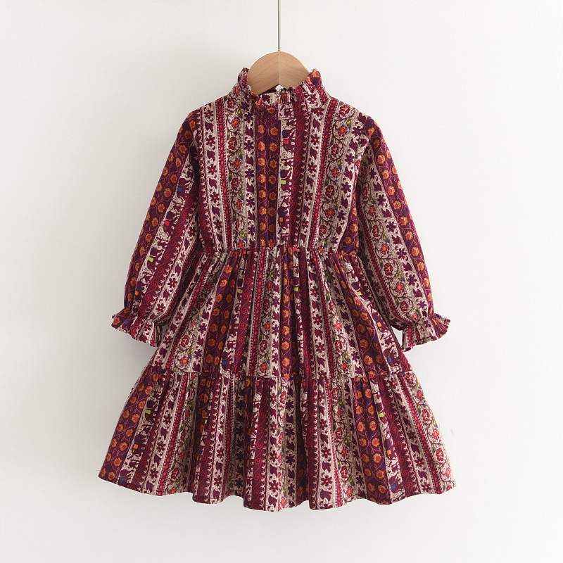 Dress Stand Collar Long Sleeve Print Girl