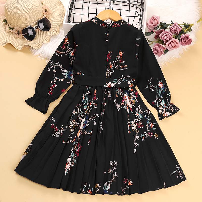 New Girls' Dress Long Sleeve Broken Flower Retro Pleated