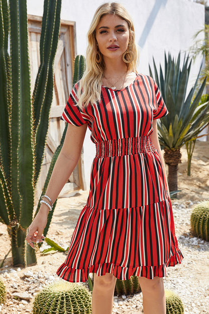 Multi-section stitching striped ruffle dress