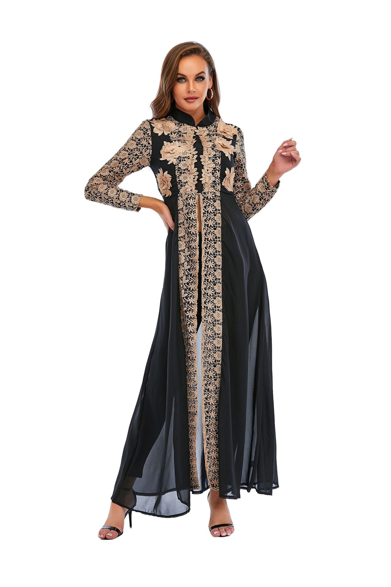 New Chiffon Stand Collar Lace Long Sleeve Dress Pants Set