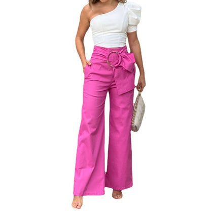 Women's Shoulder Puff Sleeve Top Wide Leg Pants Two-piece Set