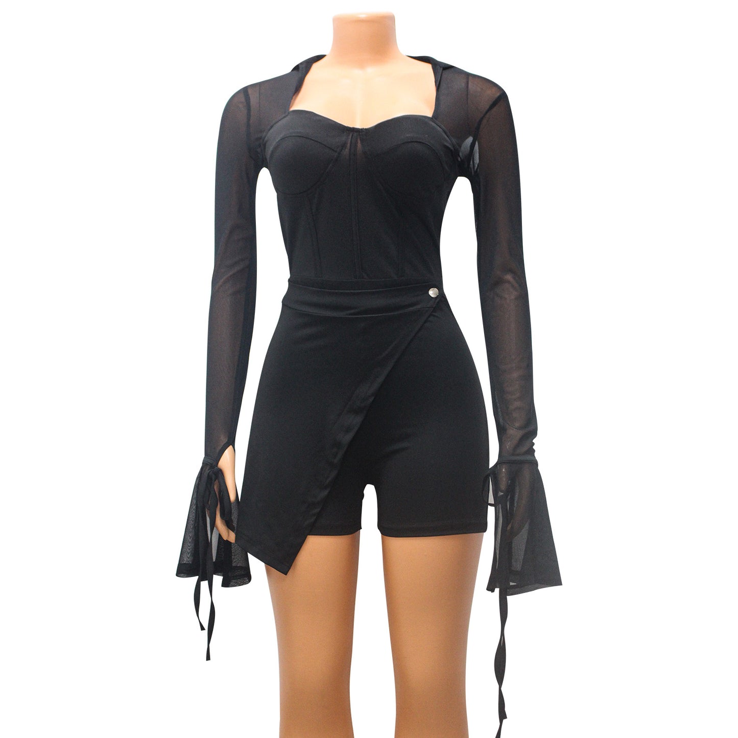 Mesh See-through Bell Sleeve Jumpsuit Shorts