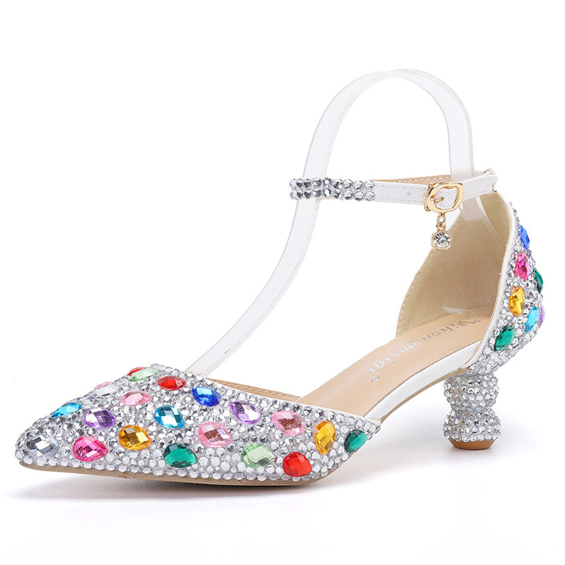 Low-top Summer New Blue Color Pointed Gourd Heel Rhinestone Multi-color Fashion Wedding Banquet Women's Shoes