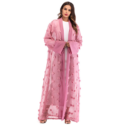 3D Floral Mesh Loose Lace Up Long Sleeved Cardigan Robe For Women - Glamour Gale