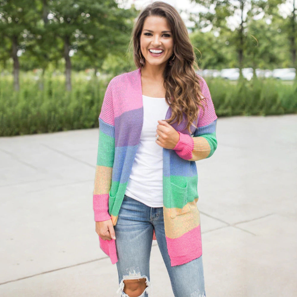 Colorful rainbow stitching cardigan