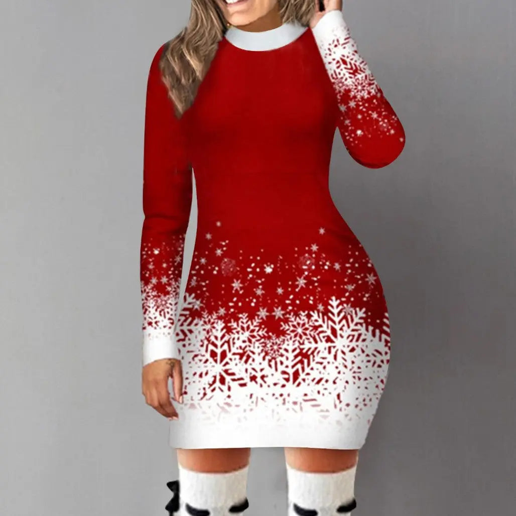 European And American Christmas Printed Long Sleeve Dress A-lineskirt Women Glamour Gale