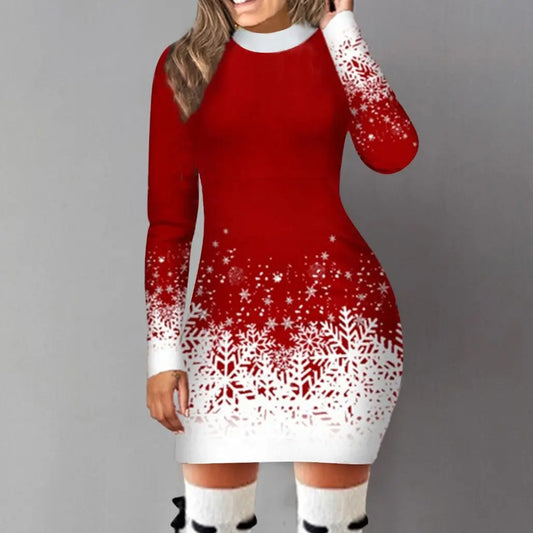 European And American Christmas Printed Long Sleeve Dress A-lineskirt Women Glamour Gale