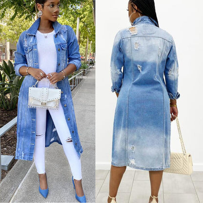 Women's Fashion Casual Denim Long Trench Coat