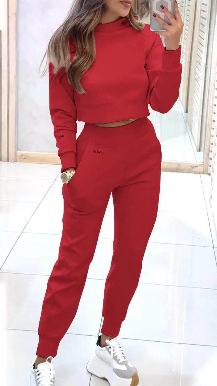 Stand Collar Sports Suit Fashion Pullover Long-sleeves Short Top And Slim Trousers With Pockets Solid Outfits Women's Clothing - Glamour Gale sports suit