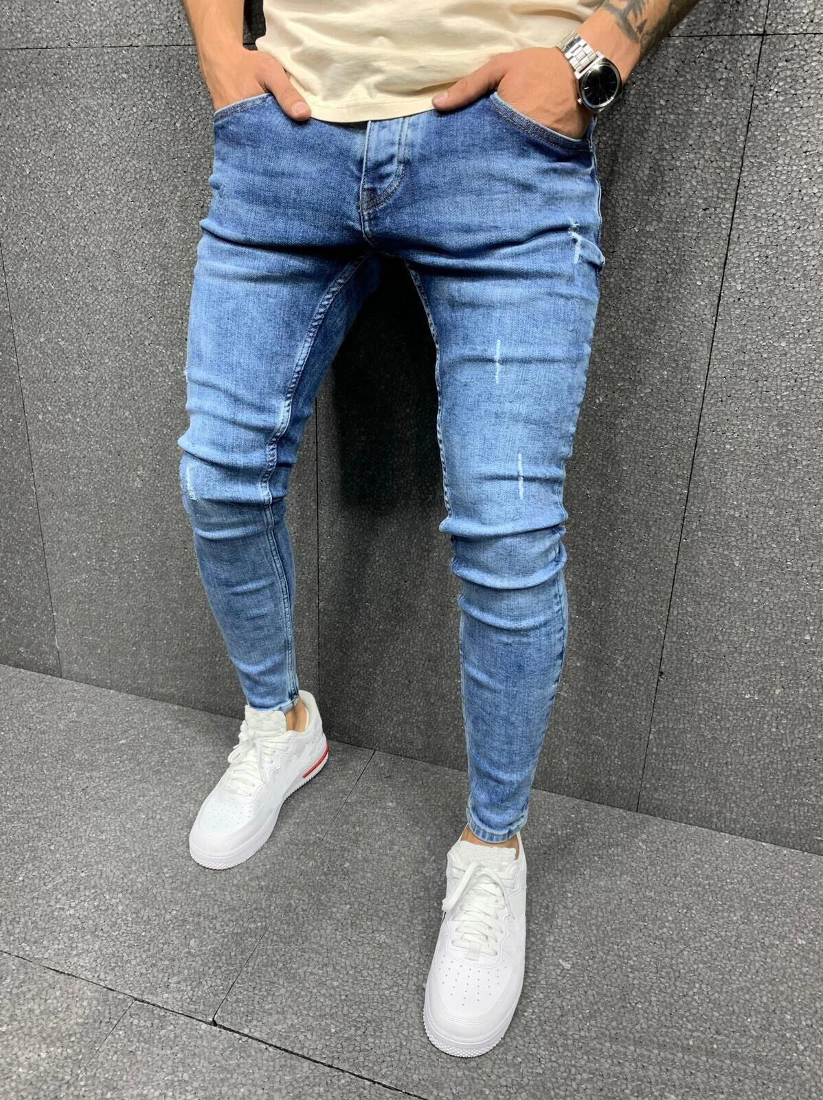 High Quality Men's Frayed Little Feet Stretch Jeans