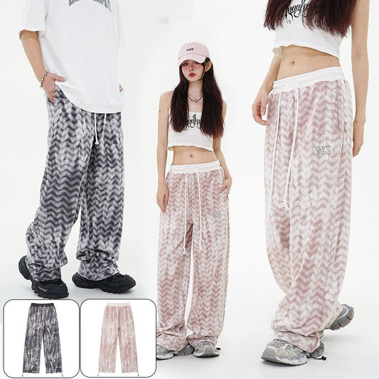 Diamond-shaped Corrugated Plaid Loose Casual Outdoor Contrast Color Drawstring Wide-leg Pants