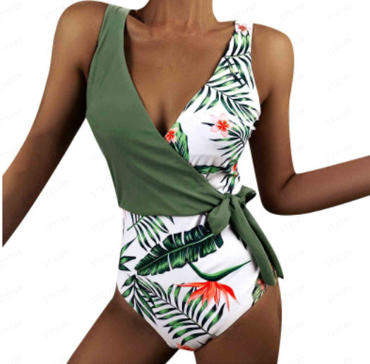 Sexy One Piece Swimsuit Printed Leaves Conservative Green Deep