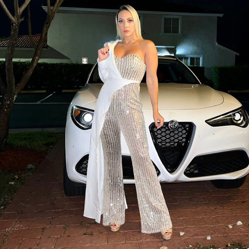 Women's Silver Stitching Sequined One-shoulder Fashionable Sequins Jumpsuit