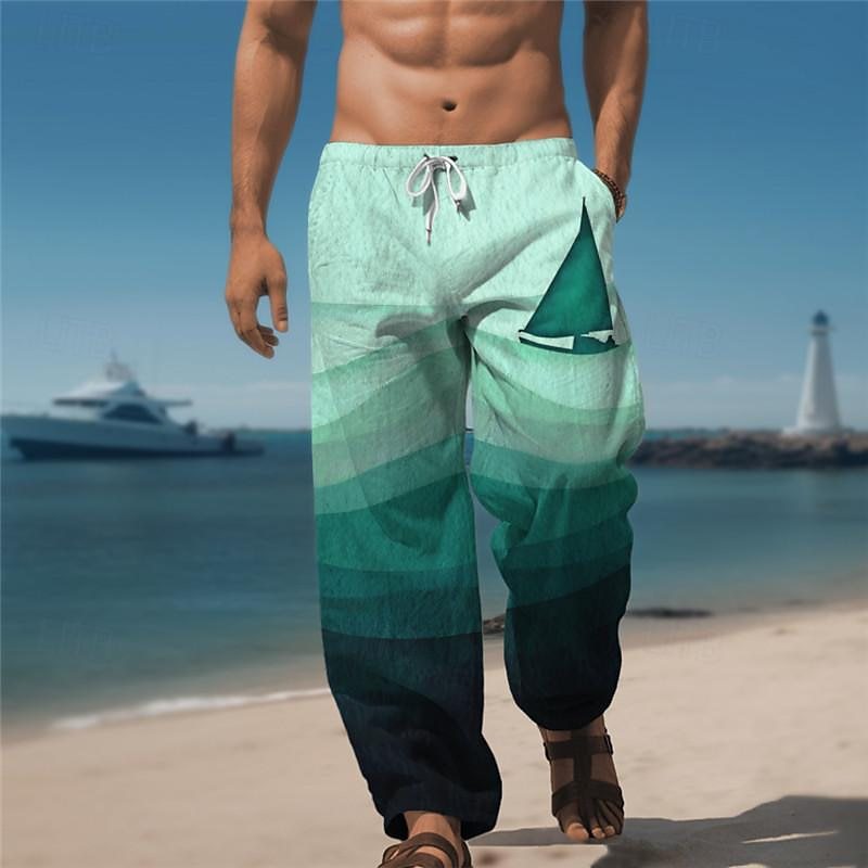 Men's Drawstring Mid-waist Plaid 3D Printing Straight-leg Trousers